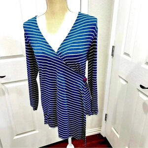 Soft Surroundings blue and white striped criss cross wrap blouse